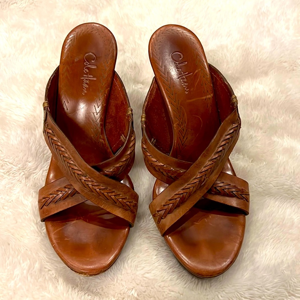 Never worn. Cole Haan brown braided leather shoes with stacked 3” wooden heels.